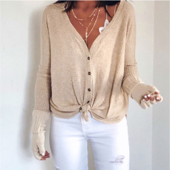 Urban Outfitters Out From Under Jojo Button Down Oatmeal Waffle Knit Thermal XL